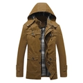 Chaqueta de hombre caqui con capucha de algodón con forro de cuadros y diseño multibolsillos - M / Amarillo Tierra