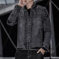 Dunkelgraue Herren Denim Motorradjacke mit Stehkragen und markanten Reißverschlüssen - M / Schwarz Fleece Gefüttert