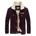 Dunkelviolette Cord-Winterjacke mit weißem Fleece-Futter und Vintage-Patch-Detail - M / Weinrot