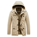 Men's khaki hooded parka jacket with fleece lining and multiple pockets for winter wear - M / Khaki