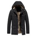 Men's heavy winter hooded canvas jacket with warm sherpa lining in black color - M / Black