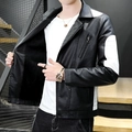 Men's slim fit PU leather motorcycle jacket in black and white with warm fleece lining - M / Black