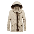 Giacca da uomo kaki con cappuccio, fodera in pile e pratico design multitasche - M / Cachi