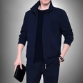 Dunkelblaue Herren-Stehkragenjacke mit Reißverschluss und Rippbündchen im schmalen Stil - L / Dunkelblau
