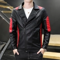 Slim fit men's faux leather biker jacket in black and red contrast with quilted shoulders - M / Red