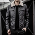 Men's black leather jacket featuring contrast beige faux fur collar and dual chest pockets - M / Black
