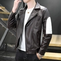 Men's dark brown motor biker PU leather jacket with stylish white striped sleeve panels - M / Coffee
