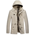 Giacca da uomo kaki con cappuccio e fodera in pile marrone con coulisse regolabile in vita - M / Cachi