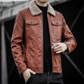 Men's dark brown faux leather biker jacket with warm beige sherpa collar and dual chest pockets - M / Brown