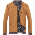 Men's khaki bomber jacket with striped ribbed trims and camouflage lining detail - Earthy Yellow