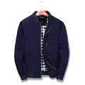 Men's navy blue casual zip-up jacket with ribbed cuffs and gingham pattern lining - M / Royal Blue