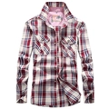 Chemise décontractée à manches longues pour hommes à carreaux rouge blanc et bleu en coton - S / Carreaux Rouges