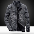 Chaqueta vaquera gris oscuro para hombre con cuello alto y bolsillos con cremallera retro - M / Negro