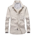 Men's khaki casual long sleeve shirt with paisley collar trim and flag detail accent - S / Khaki