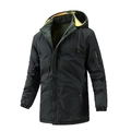 Men's hooded mid-length winter jacket in black with yellow lining and functional sleeve pocket - M / Black