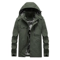 Dunkelgrüne Herrenjacke mit Kapuze, Stehkragen und strapazierfähigem Windschutz - M / Armeegrün