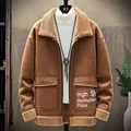 Men's brown faux suede jacket with thick sherpa lining and zip closure for winter - M / Khaki