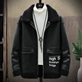 Mens winter black faux shearling jacket with hood and High St Brooklyn Bridge print - M / Black
