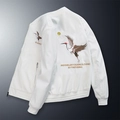 Veste baseball blanche avec broderie de grue et finitions côtelées style chinois - M / Blanc