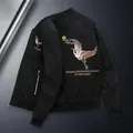 Blouson aviateur noir pour homme avec broderie grue et doublure polaire chaude - M / Noir Doublé de Polaire