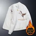 Blouson aviateur blanc avec broderie de grue et doublure polaire chaude pour l'hiver - M / Blanc Doublé Polaire