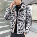 Doudoune d'hiver pour hommes avec imprimé graffiti et col roulé noir de style urbain - 3XL / Style Imprimé Noir et Blanc à Capuche (8003 Noir)