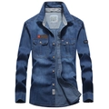 Men's dark blue denim shirt with double chest pockets and outdoor fashion patches - S / Denim Blue