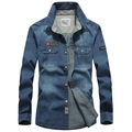 Classic blue denim long sleeve shirt with double chest pockets and outdoor patches - S / Gray Blue