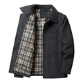 Classic black cotton cargo jacket for men featuring a vintage plaid lining and button-up front - M / Standard / Black