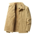 Men's khaki cotton work jacket with warm faux lamb fleece lining and collar - M / Fleece Lined Style / Khaki