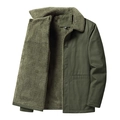 Men's olive green cotton work jacket with warm white faux shearling lining and collar - M / Fleece Lined Style / Army Green