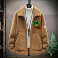 Men's winter brown fleece jacket with warm sherpa lining and letter patch embroidery - M / Khaki