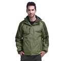 Men's olive green outdoor hooded windbreaker jacket with functional zipper pockets - M / Army Green Splicing