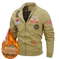 Men's khaki military jacket with warm fleece lining and embroidered patches - M / Khaki