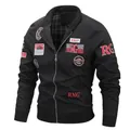 Men's winter fleece lined thick bomber jacket with embroidery and stand collar black - M / Black