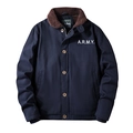 Men's navy workwear jacket with brown lamb wool collar and A.R.M.Y. print detail - M / Dark Blue