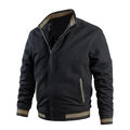 Casual zwart katoenen herenjack met opstaande kraag en bruin gestreepte ribboord details - M / Zwart