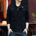 Men's black cargo military jacket with multi-pocket design and shoulder epaulettes - M / Black