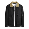 Men's washed cotton flight jacket in black with khaki faux fur collar and ribbed trim - M / Black
