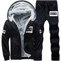 Men's winter fleece tracksuit set with hooded zip jacket and joggers in classic black - M / Black