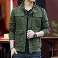 Army green tactical jacket for men featuring multi-pocket design and standing collar - M / Army Green