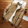 Men's khaki cotton zip jacket with striped rib collar and cuffs on wood background - M / Earthy Yellow