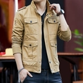 Men's khaki multi-pocket cargo jacket with military shoulder tabs and ribbed cuffs - M / Khaki