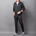 Men's casual sports tracksuit set in black with burgundy stripes and zip-up collar - L / Black