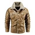 Veste homme en cuir PU marron foncé avec col en polaire et plusieurs poches - M / Kaki
