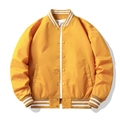 Detail of yellow flight jacket with ribbed striped collar and silver snap button closure - Yellow