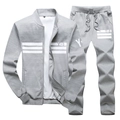 Ensemble de sport gris pour hommes avec veste zippée et pantalon de jogging à rayures - M / Gris clair