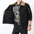 Giacca da uomo in cotone nero foderata in pile con colletto in shearling kaki - M / Nero