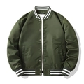 Close-up of military green bomber jacket with striped ribbed collar and metal snap buttons - S / Tops / Army Green