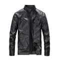 Men's black PU leather biker jacket with stand collar and quilted shoulder details - M / Black